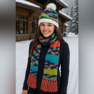 Handmade crochet  multi colored Pom Pom beanie hat with matching scarf s…